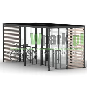 Wiata na rowery GLAS 02 ściany szklane i drewno na 12 rowerów