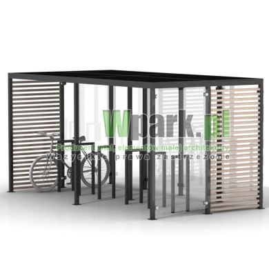 Wiata na rowery GLAS 02 ściany szklane i drewno na 12 rowerów