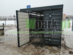 Wiata śmietnikowa PALEPA 06 wymiary 2000 mm na 6000 mm ściany blacha falista drzwi siatka