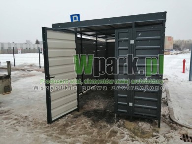 Wiata śmietnikowa PALEPA 06 wymiary 2000 mm na 6000 mm ściany blacha falista drzwi siatka