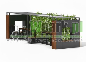 Wiata na rowery BOKS 02 - na 16 rowerów   z zieloną ścianą tylną ZIELONA