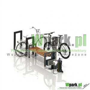 Zestaw 02 Stacja naprawy rowerów BikeStop ze stojakiem, pompką z manometrem  i ławką 