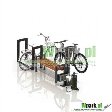 Zestaw 02 Stacja naprawy rowerów BikeStop ze stojakiem, pompką z manometrem  i ławką 