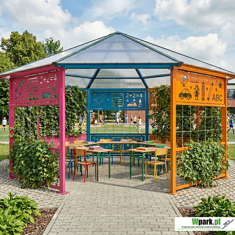 Wiaty edukacyjne, altany szkolne, klasy pod chmurką