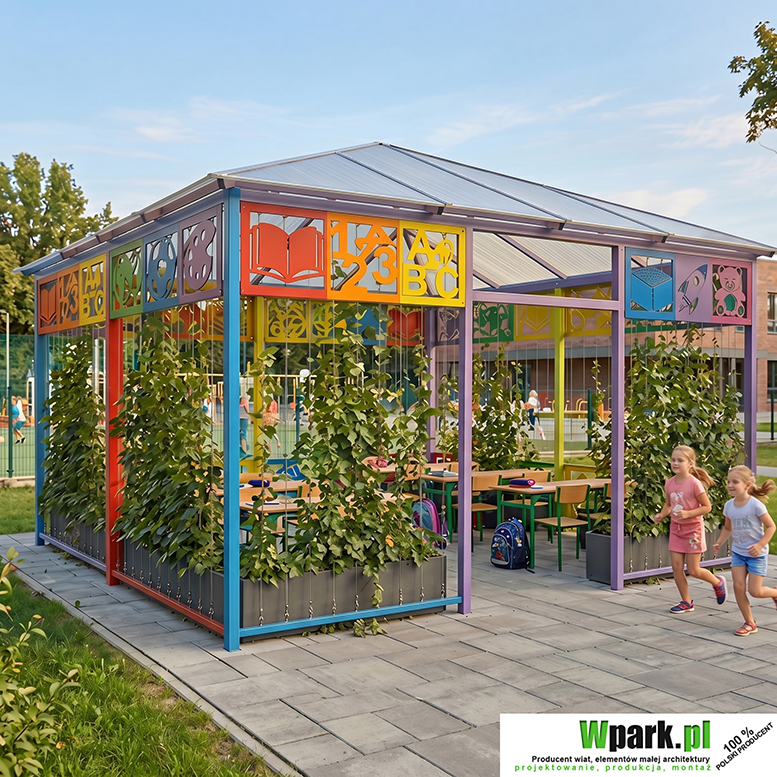 Wiaty edukacyjne, altany szkolne, klasy pod chmurką
